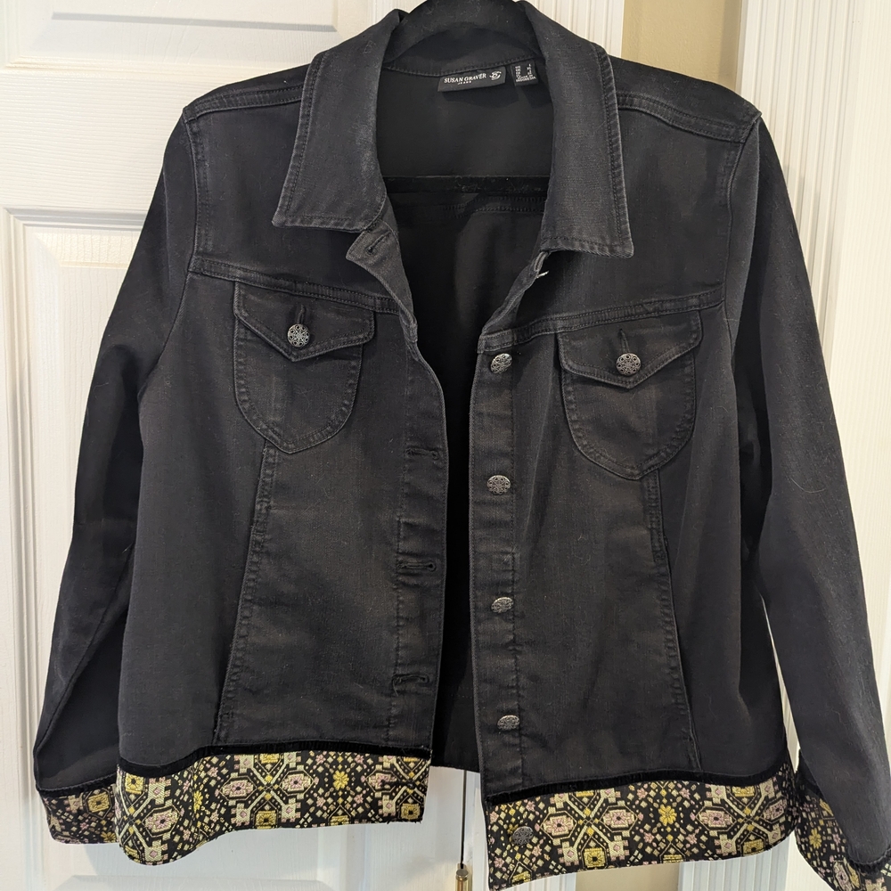 Susan Graver Black Jean Jacket with Patterned Hem